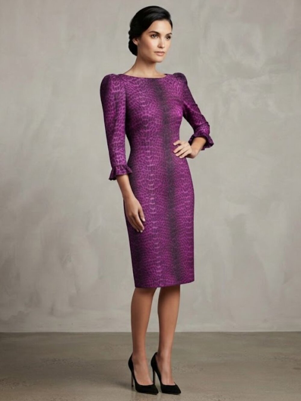 CHIARA BONI Animal Print Purple Puff Sleeve Knee-Length Dress Large Sz 48